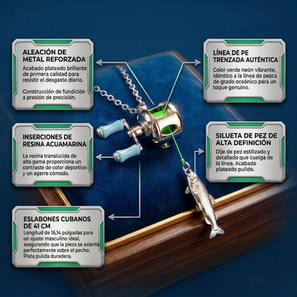 Collar con carrete de pesca funcional • Mecanismo de giro real